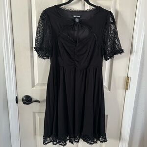 Hot Topic Black Bow Tie Neckline Lace Sleeves Dress Sz Medium Goth Party